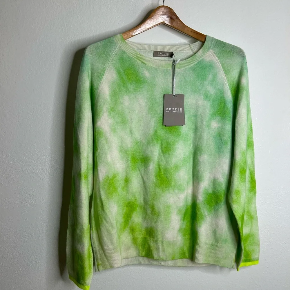 NWT Brodie Cashmere 100% Cashmere Green Tie Dye Multicolor Pullover Sweater